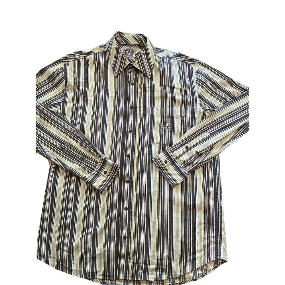 Cinch Long Sleeve Large Gray with Light‎ Yellow/Green and White Stripes